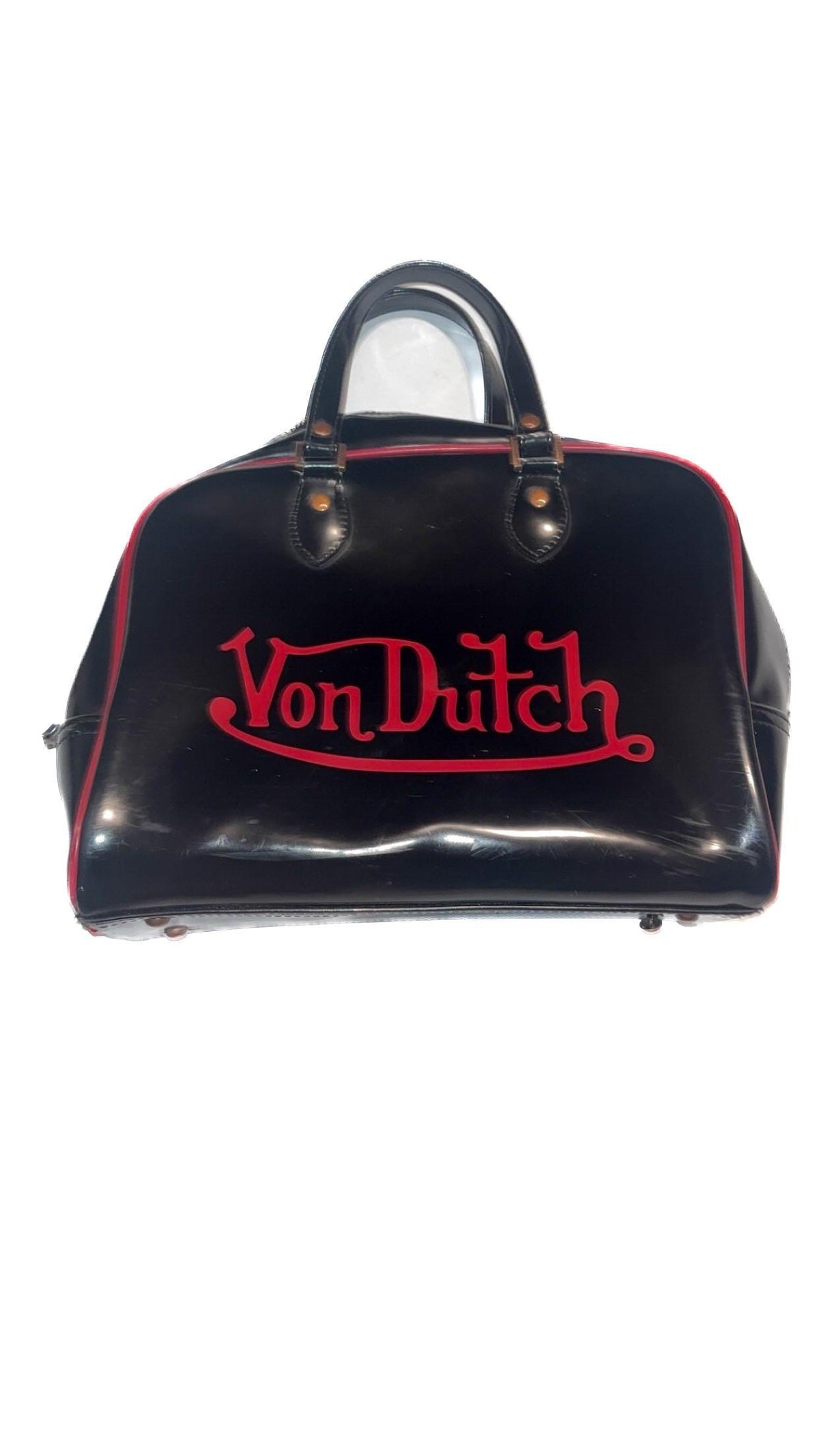 Vintage Von Dutch Glossy Black & Red Logo Bowler Bag – Refurbished