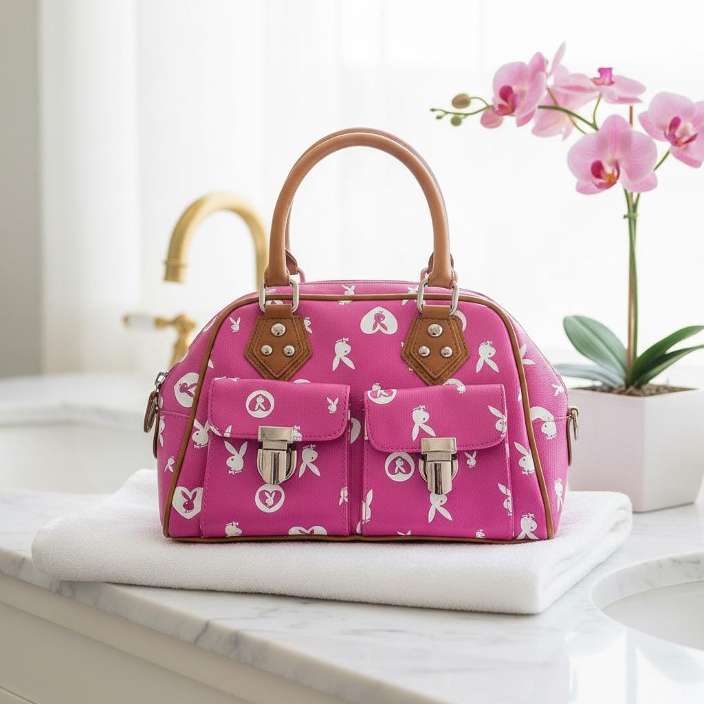 プレイボーイ ピンク＆ホワイト ラビットモノグラム ハンドバッグ – リファビッシュ品