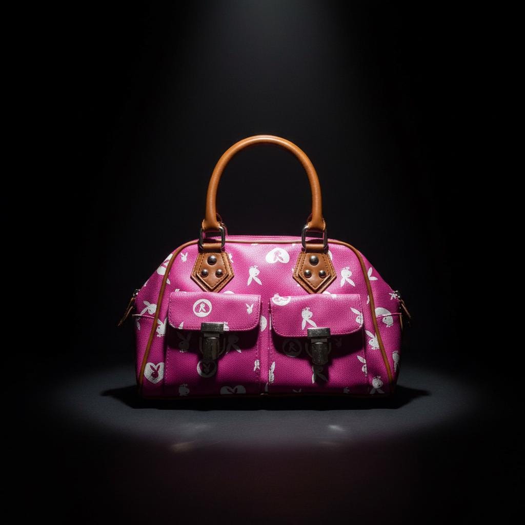 プレイボーイ ピンク＆ホワイト ラビットモノグラム ハンドバッグ – リファビッシュ品