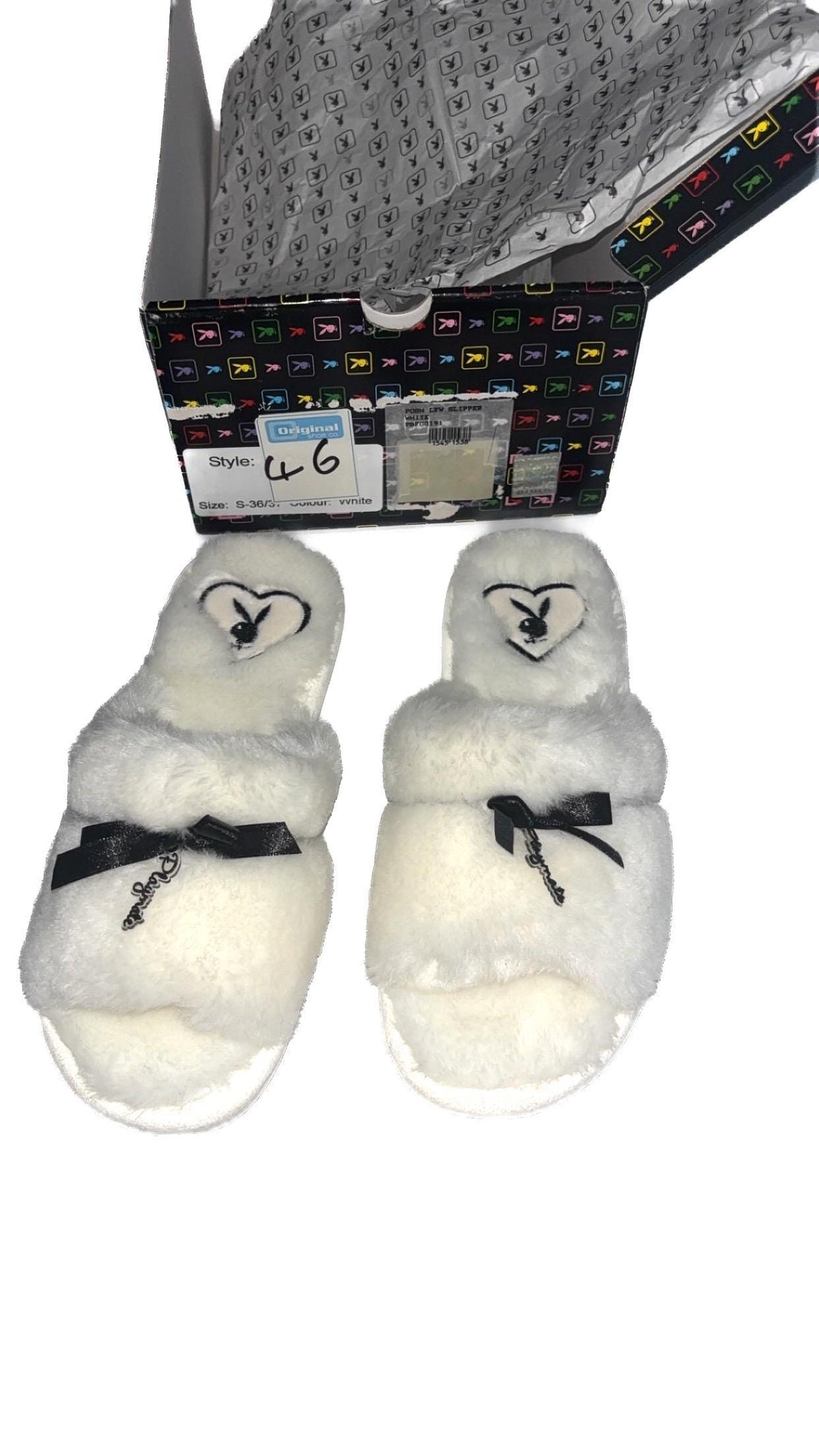 Playboy Posh White Faux Fur Slippers with Black Bows – Size S, New in Box